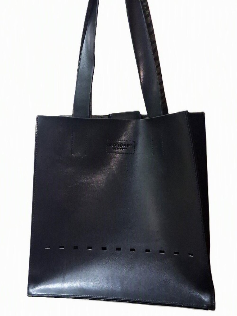 MONDANI New York Matte Black Faux Leather Zebra Accent Tote Bag